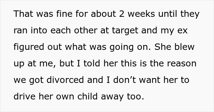 Text discussing an encounter at Target about a child and ex discovering a situation linked to a mom tracker. Text discussing an encounter at Target about a child and ex discovering a situation linked to a mom tracker.