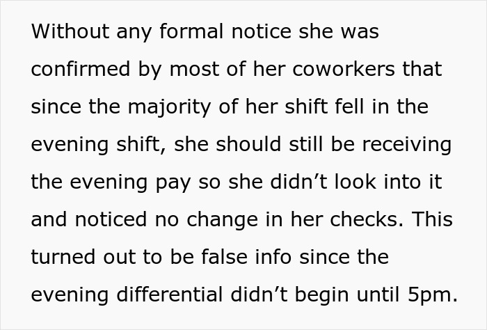 Text discussing overpayment issue due to misinformation about evening shift pay. Text discussing overpayment issue due to misinformation about evening shift pay.