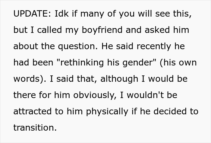 Text about a conversation on gender identity and relationship challenges around refusing dating trans boyfriend. Text about a conversation on gender identity and relationship challenges around refusing dating trans boyfriend.