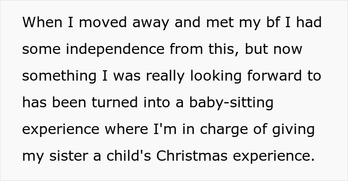 Text about unexpected babysitting duty altering holiday plans. Text about unexpected babysitting duty altering holiday plans.