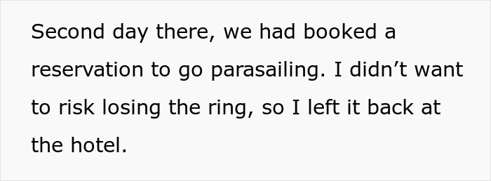 Text about a proposal plan where ring was left at hotel to avoid losing it during parasailing. Text about a proposal plan where ring was left at hotel to avoid losing it during parasailing.