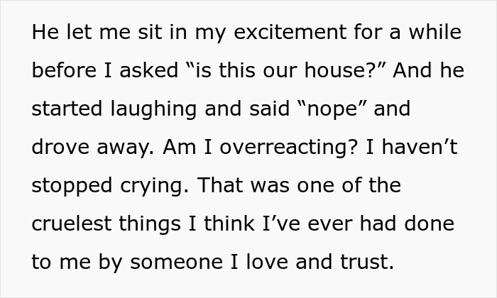 Text describing a fiance's house prank, expressing disbelief and emotional upset. Text describing a fiance's house prank, expressing disbelief and emotional upset.