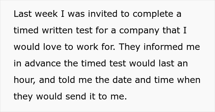 Text about a timed written test for a potential job opportunity. Text about a timed written test for a potential job opportunity.