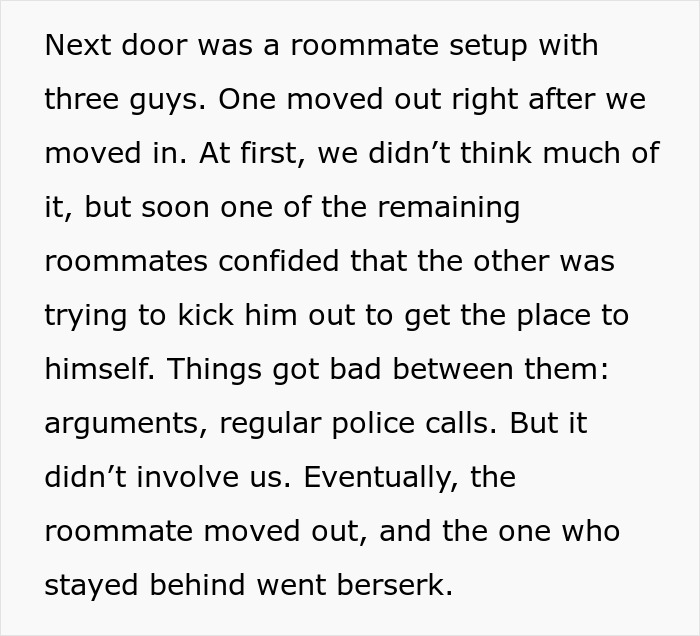 Text describing a roommate dispute escalating with arguments and police involvement. Text describing a roommate dispute escalating with arguments and police involvement.