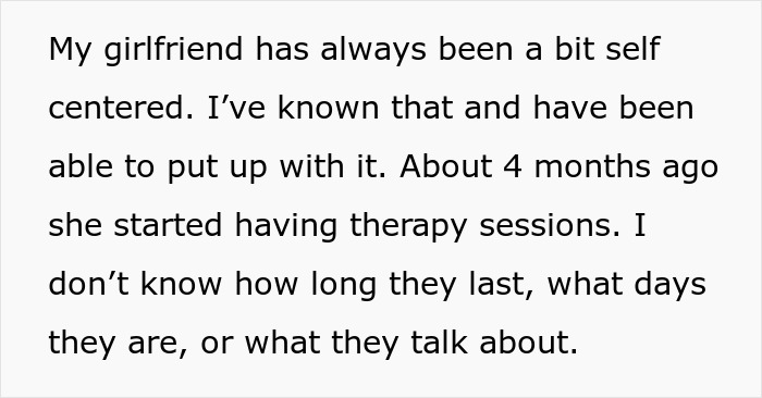 Text about a self-centered girlfriend who started therapy, related to a rejected proposal done "the right way. Text about a self-centered girlfriend who started therapy, related to a rejected proposal done "the right way.