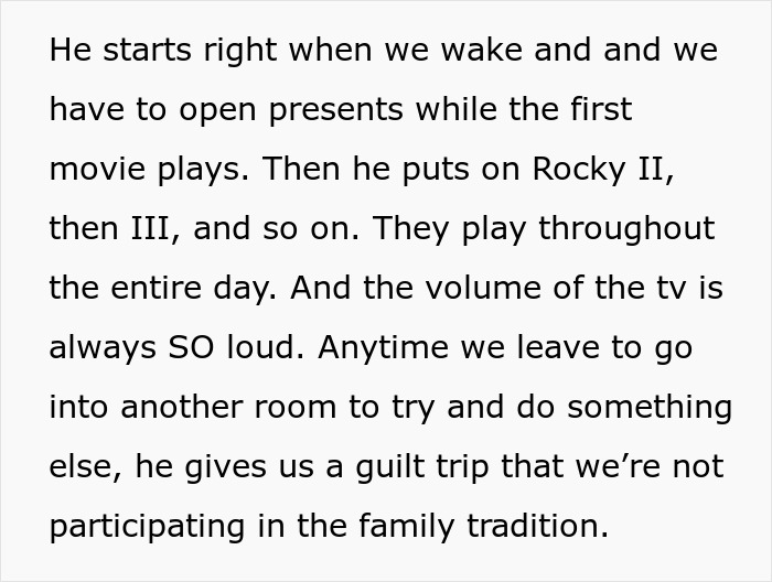 Text about a Christmas tradition of watching the Rocky movie series all day, with loud volume and family involvement. Text about a Christmas tradition of watching the Rocky movie series all day, with loud volume and family involvement.