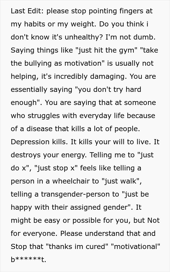 Text screenshot about bullying, motivation, unhealthy habits, and its damaging effects. Text screenshot about bullying, motivation, unhealthy habits, and its damaging effects.