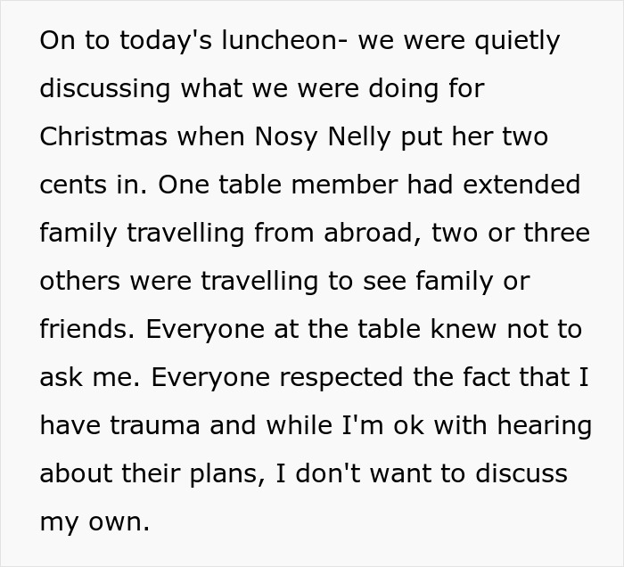 Nosy Coworker Pushes Woman To Reveal Christmas Plans, Regrets It When She Hears The Truth Nosy Coworker Pushes Woman To Reveal Christmas Plans, Regrets It When She Hears The Truth