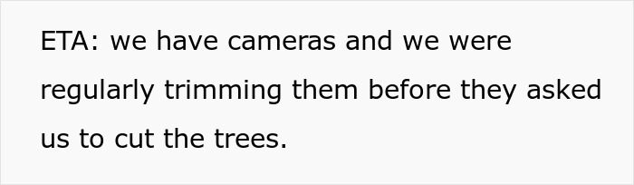 Text about neighbor demands for tree cutting, mentioning the use of cameras and regular trimming. Text about neighbor demands for tree cutting, mentioning the use of cameras and regular trimming.