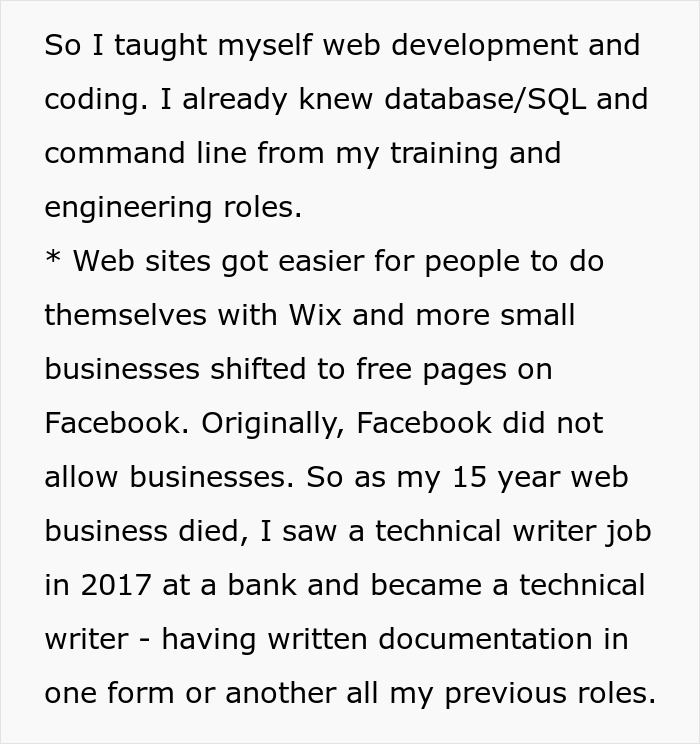 Text screenshot about web development skills and career transition due to changing online business trends. Text screenshot about web development skills and career transition due to changing online business trends.