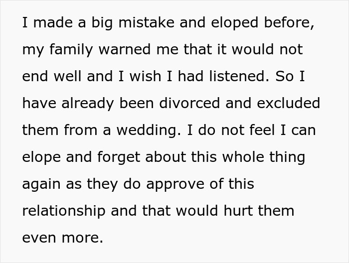 Text about a previous elopement mistake and family disapproval relating to wedding date change. Text about a previous elopement mistake and family disapproval relating to wedding date change.