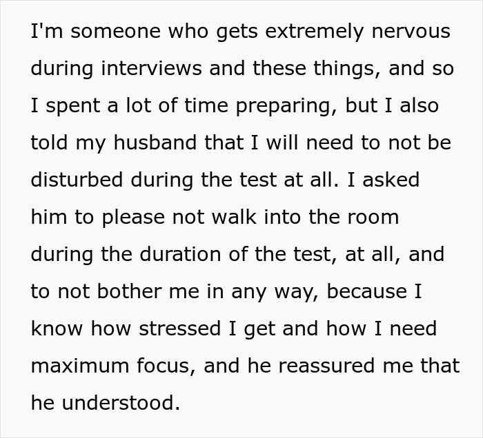 Text on a woman's need for no interruptions during a critical job test. Text on a woman's need for no interruptions during a critical job test.