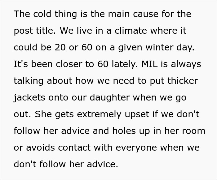 Text from a complaint about overbearing MIL's advice on kids' winter clothing. Text from a complaint about overbearing MIL's advice on kids' winter clothing.