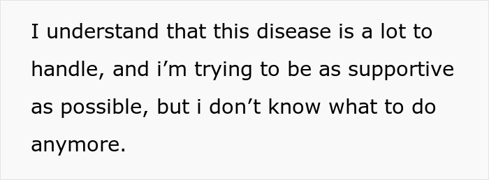 Text expressing struggle with supporting a daughter’s disease while balancing chores. Text expressing struggle with supporting a daughter’s disease while balancing chores.