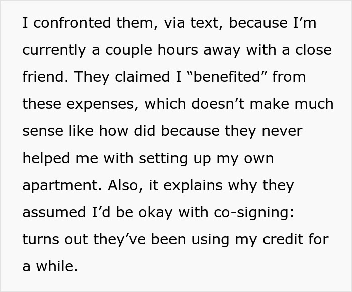 Text message discussing financial issues and family disagreements over credit use. Text message discussing financial issues and family disagreements over credit use.