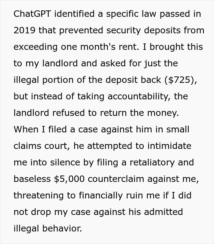 ChatGPT aids tenant in court victory against greedy landlord's illegal deposit demand. ChatGPT aids tenant in court victory against greedy landlord's illegal deposit demand.