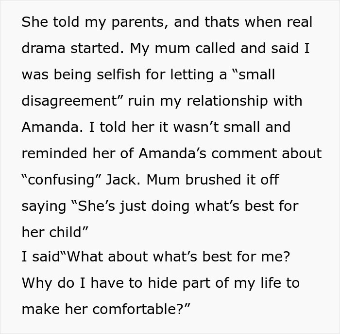 Text discussing family conflict over relationship disagreements, focusing on babysitting and family events. Text discussing family conflict over relationship disagreements, focusing on babysitting and family events.