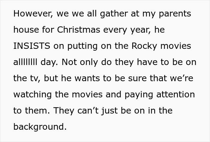 Text recounting brother's tradition of watching Rocky movies during Christmas. Text recounting brother's tradition of watching Rocky movies during Christmas.