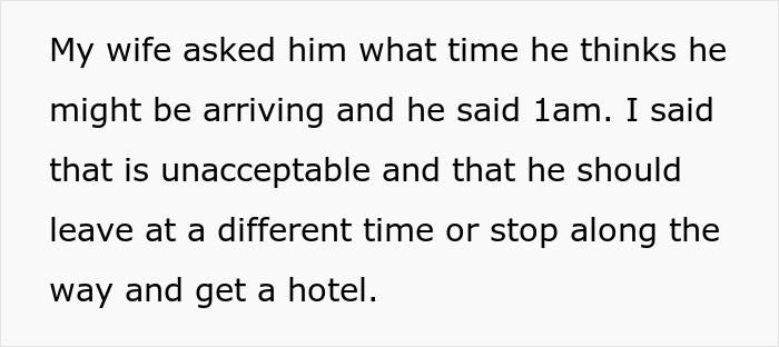 Text discussing disagreement over father-in-law’s arrival time during holiday season. Text discussing disagreement over father-in-law’s arrival time during holiday season.