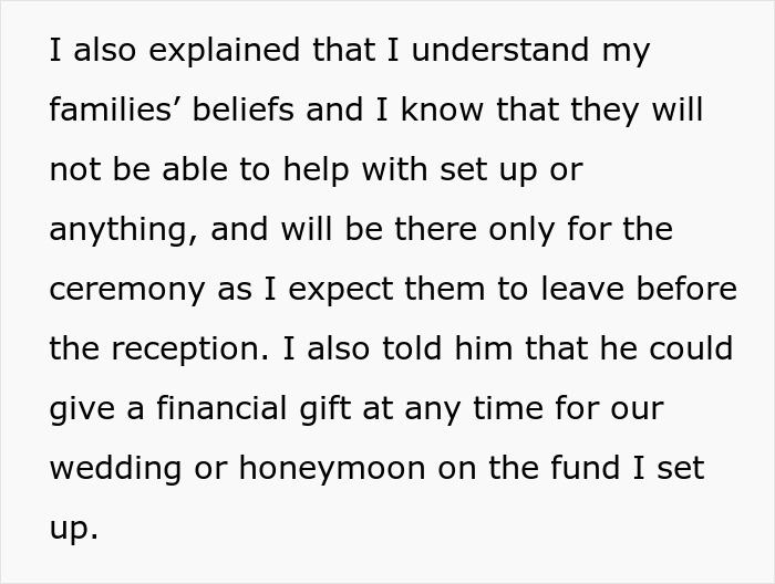 Text discussing wedding arrangements and family beliefs regarding ceremony and reception involvement. Text discussing wedding arrangements and family beliefs regarding ceremony and reception involvement.