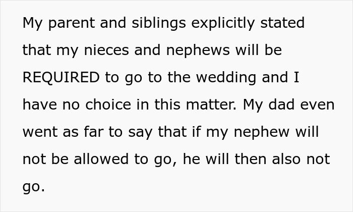 Text message about family ignoring couple's request to leave kids at home for wedding. Text message about family ignoring couple's request to leave kids at home for wedding.
