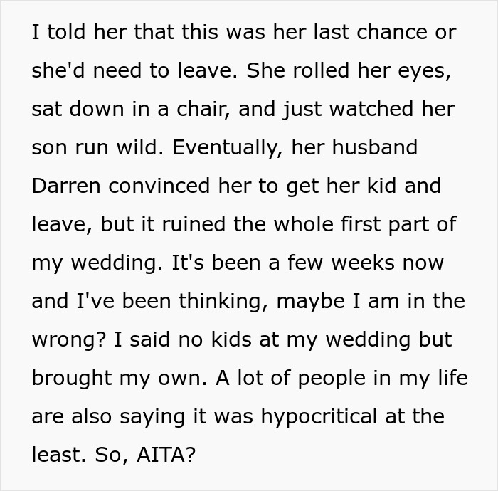 Text about a bride being called hypocritical for having her child at her child-free wedding. Text about a bride being called hypocritical for having her child at her child-free wedding.