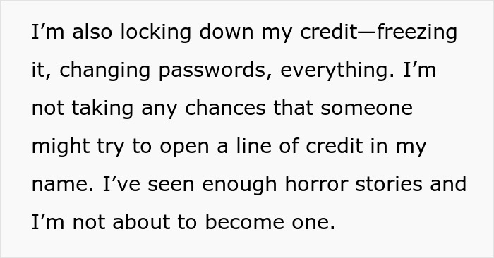 Text about a woman protecting her finances by freezing credit and changing passwords. Text about a woman protecting her finances by freezing credit and changing passwords.