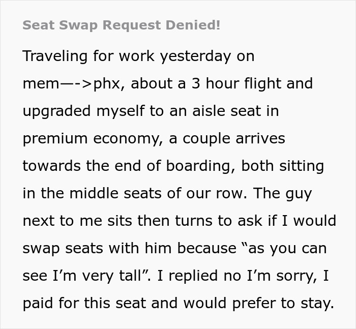 Entitled passenger denied seat swap, tantrum ensues on flight, highlighted in text story. Entitled passenger denied seat swap, tantrum ensues on flight, highlighted in text story.