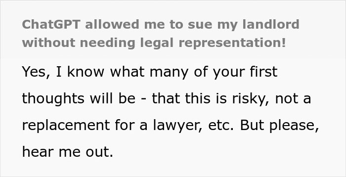 Tenant uses ChatGPT to challenge landlord in court without legal help. Tenant uses ChatGPT to challenge landlord in court without legal help.