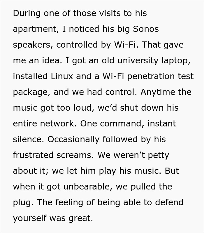 Text describes neighbors using a laptop to disrupt a man's Wi-Fi, causing his frustration. Text describes neighbors using a laptop to disrupt a man's Wi-Fi, causing his frustration.