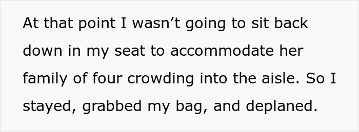Text excerpt discussing airplane aisle situation involving a family of four. Text excerpt discussing airplane aisle situation involving a family of four.
