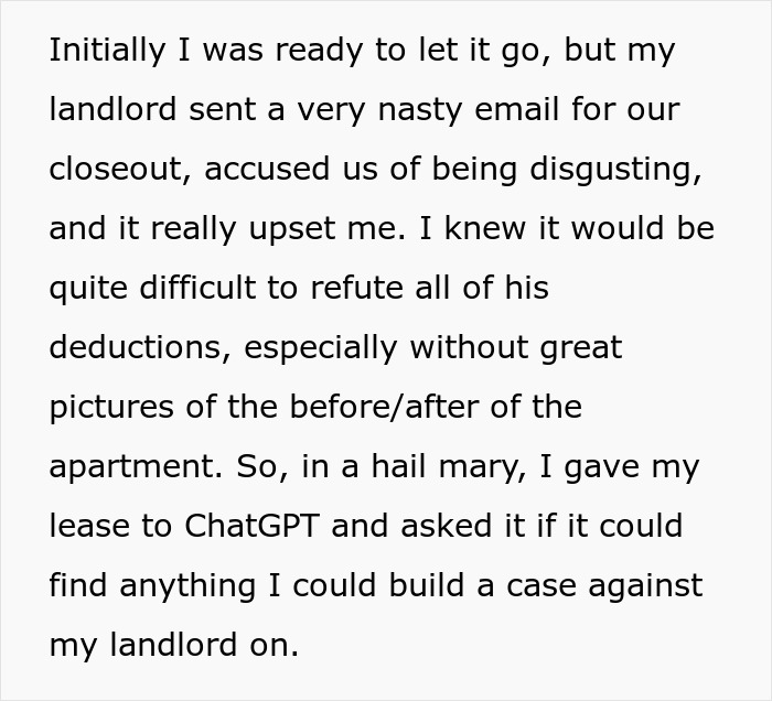 ChatGPT aids tenant in winning court case against landlord's unfair deductions. ChatGPT aids tenant in winning court case against landlord's unfair deductions.