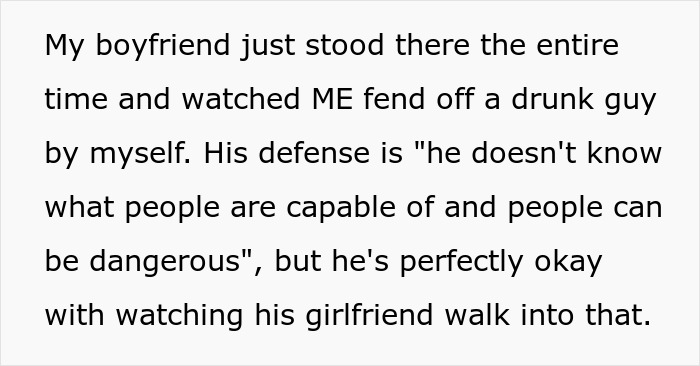 Woman's opinion changes after her boyfriend refuses to help during a confrontation. Woman's opinion changes after her boyfriend refuses to help during a confrontation.