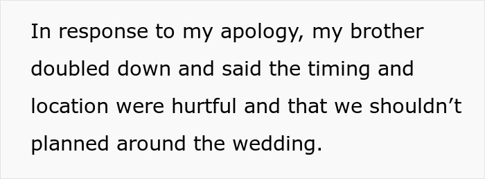 Text expressing conflict regarding timing and location of a brother's wedding engagement. Text expressing conflict regarding timing and location of a brother's wedding engagement.