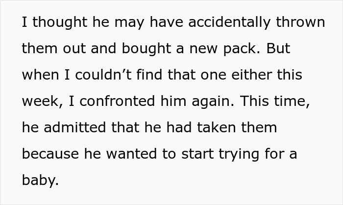 Text from a story discussing a boyfriend hiding birth control pills to try for a baby. Text from a story discussing a boyfriend hiding birth control pills to try for a baby.