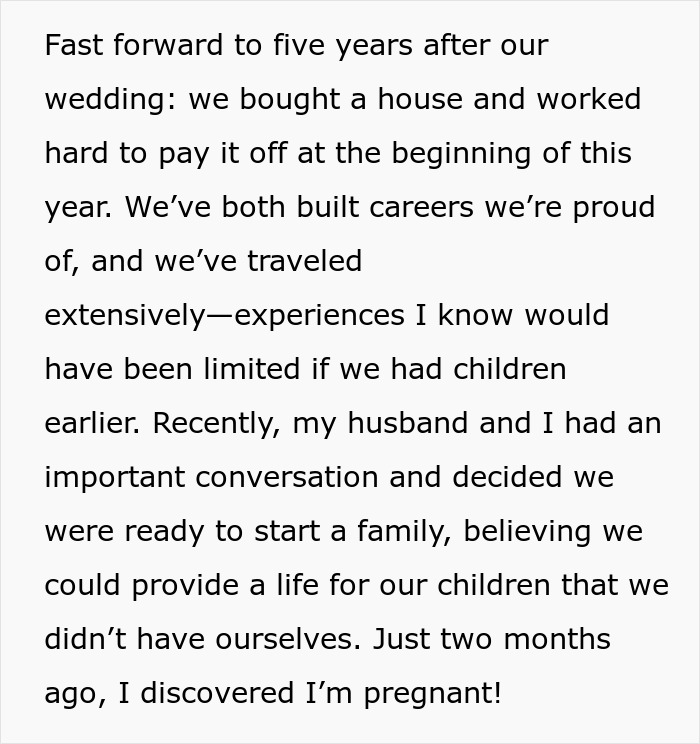 Text discussing a couple's journey: buying a house, building careers, traveling, and deciding to start a family, revealing pregnancy news. Text discussing a couple's journey: buying a house, building careers, traveling, and deciding to start a family, revealing pregnancy news.