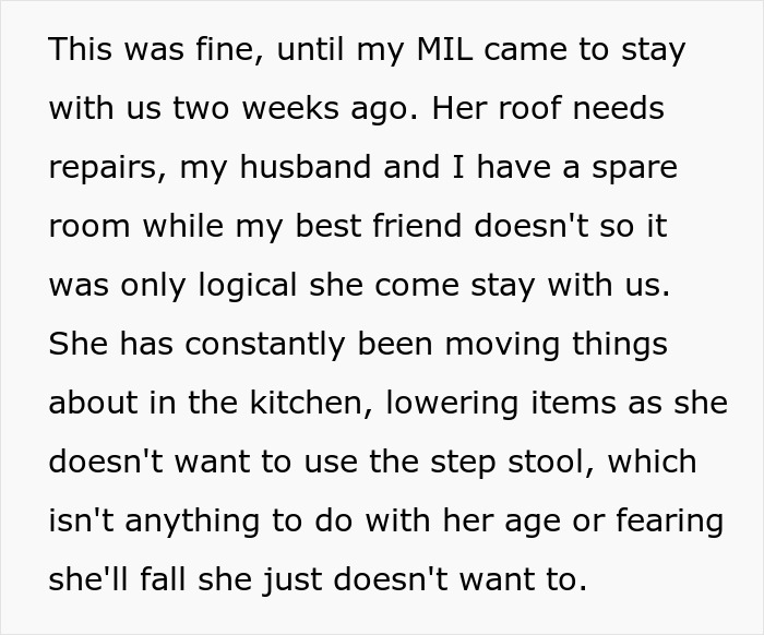 Text about MIL moving kitchen items, part of a dispute causing emotional distress. Text about MIL moving kitchen items, part of a dispute causing emotional distress.