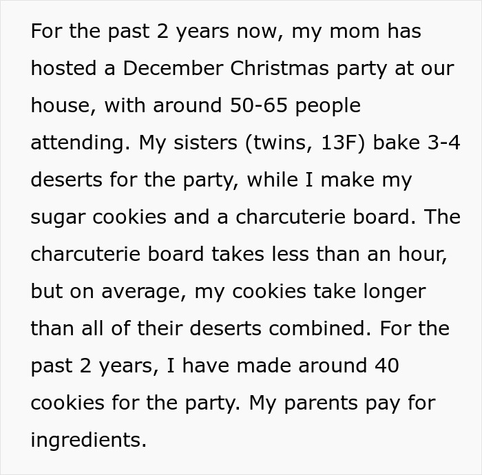 Text explaining daughter's role in making Christmas cookies for a party, with parents covering ingredient costs. Text explaining daughter's role in making Christmas cookies for a party, with parents covering ingredient costs.