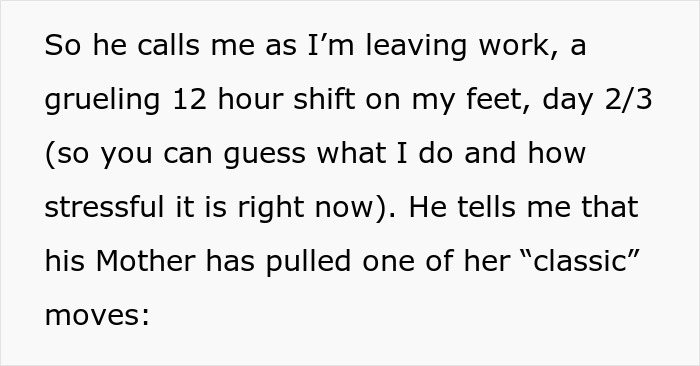 Text from husband about MIL's unannounced visit after wife's long work shift. Text from husband about MIL's unannounced visit after wife's long work shift.