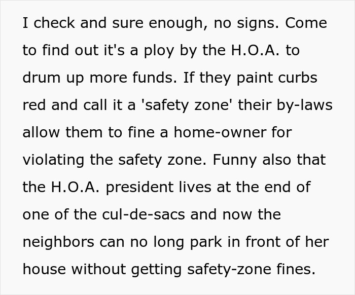 Text describing HOA scheme to create fake violations for funds by painting curbs red. Text describing HOA scheme to create fake violations for funds by painting curbs red.