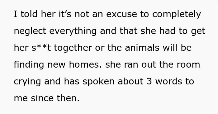 Text about a mom telling her daughter that her disease isn't an excuse to ignore chores, causing a strong reaction. Text about a mom telling her daughter that her disease isn't an excuse to ignore chores, causing a strong reaction.