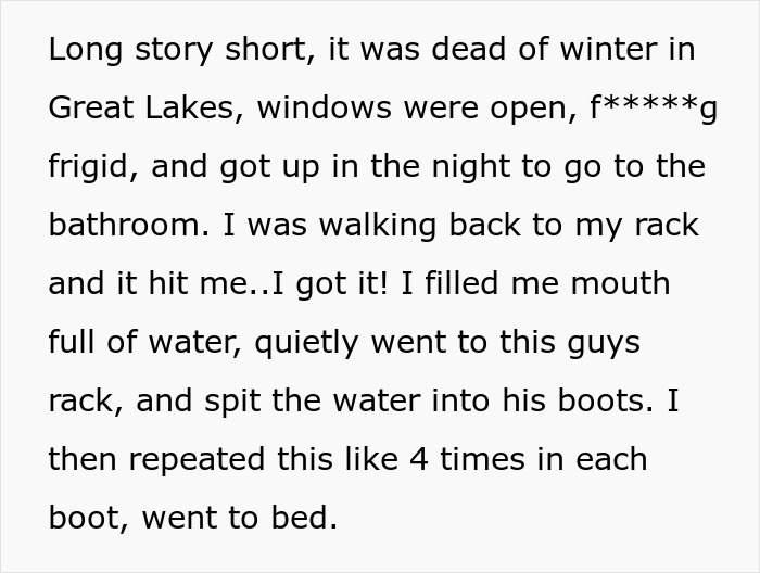 Text description of a winter prank involving water in boots at the Great Lakes camp. Text description of a winter prank involving water in boots at the Great Lakes camp.