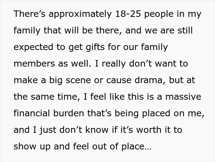 Text discussing the financial stress of costly family Christmas gifts. Text discussing the financial stress of costly family Christmas gifts.
