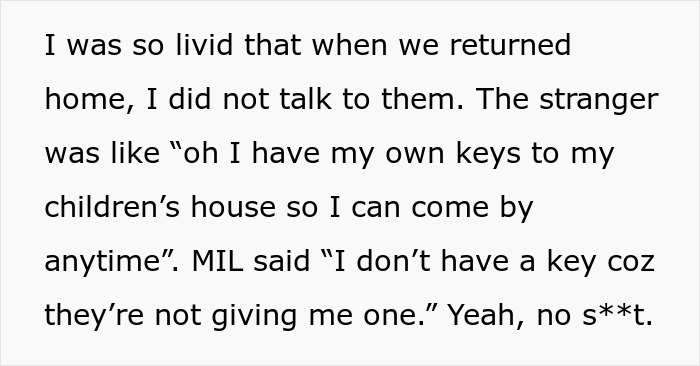 Text expressing frustration over an unannounced stranger arriving at home, highlighting MIL's reaction. Text expressing frustration over an unannounced stranger arriving at home, highlighting MIL's reaction.