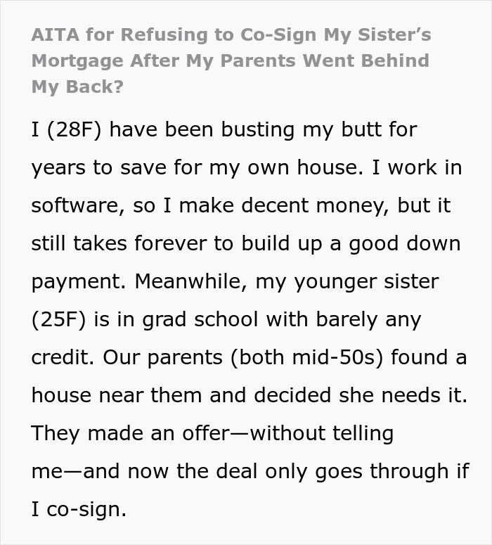 Text discussing a woman choosing to protect her finances instead of co-signing a mortgage for her sister. Text discussing a woman choosing to protect her finances instead of co-signing a mortgage for her sister.