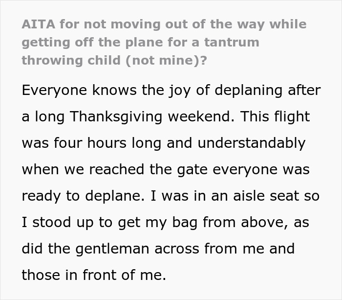 Text about a plane passenger reflecting on deplaning etiquette during a child's tantrum. Text about a plane passenger reflecting on deplaning etiquette during a child's tantrum.