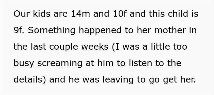Text discussing a mom and husband's affair baby situation, mentioning kids aged 14 and 10, and reactions to news of 9-year-old. Text discussing a mom and husband's affair baby situation, mentioning kids aged 14 and 10, and reactions to news of 9-year-old.