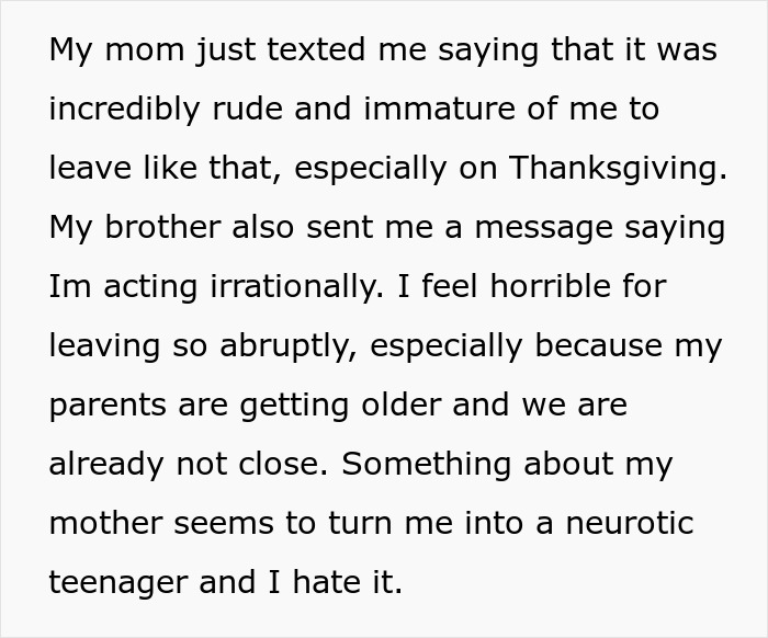 Text exchange about a woman leaving Thanksgiving after a disagreement over dessert. Text exchange about a woman leaving Thanksgiving after a disagreement over dessert.