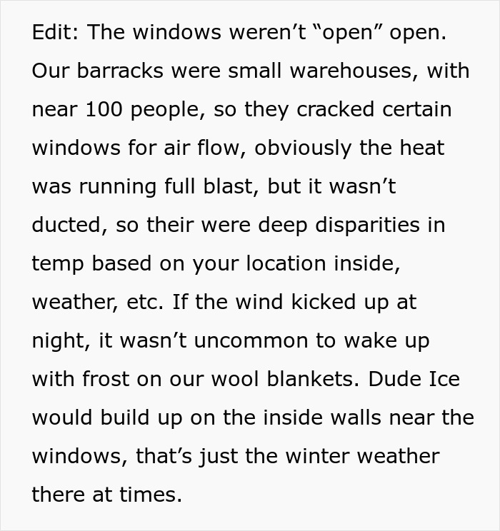 Text description discussing barracks conditions, highlighting temperature disparities and ice buildup indoors. Text description discussing barracks conditions, highlighting temperature disparities and ice buildup indoors.