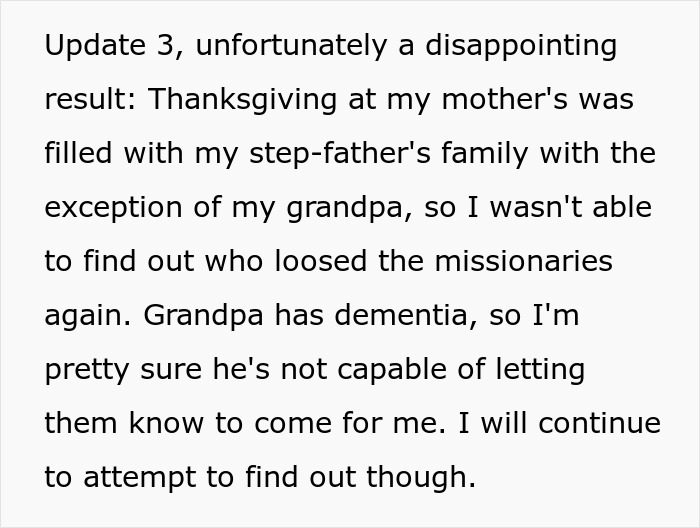 Persistent Mormons' update on family's Thanksgiving gathering with grandpa mentioned in context. Persistent Mormons' update on family's Thanksgiving gathering with grandpa mentioned in context.